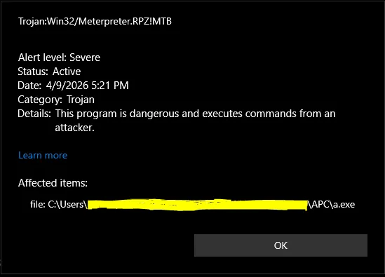 reverse shell flagged by Windows defender